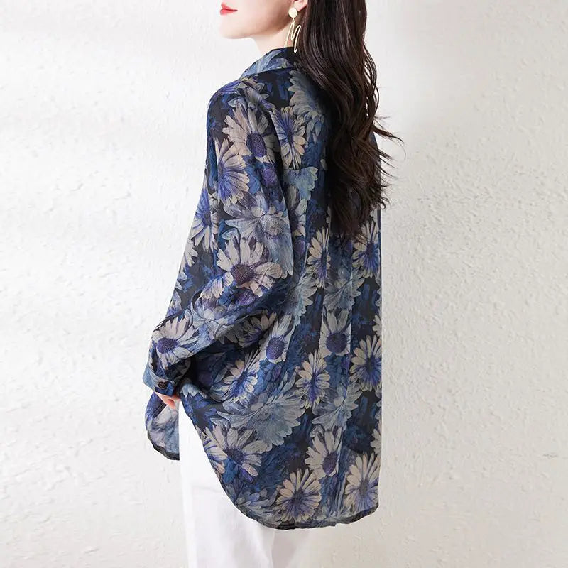 Commute Turn-down Collar Shirt Vintage Floral Printed Women's Clothing