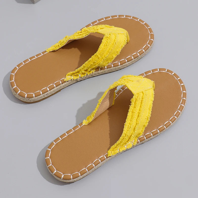 Non-Slip Beach Slippers Women Comfortable Canvas Flat Heel