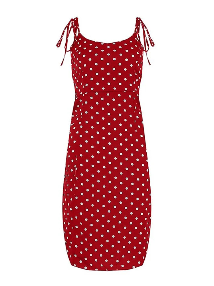 Sundress Summer Women Causal Polka Dot Sleeveless High Pleated elastic waist V-Neck Beach Dress