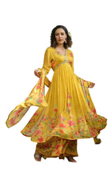 Indian Women Festival Wear Aliya Cut Kurta Sharara Dupatta Set Yellow Salwar Set