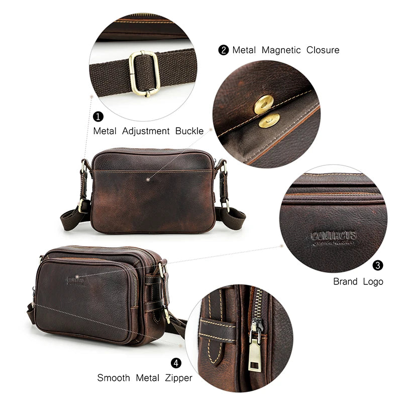 CONTACT'S Genuine Leather Small Messenger Bag Vintage Male Crossbody Bag Travel Sling Shoulder Bags Designer Handbag Bolso