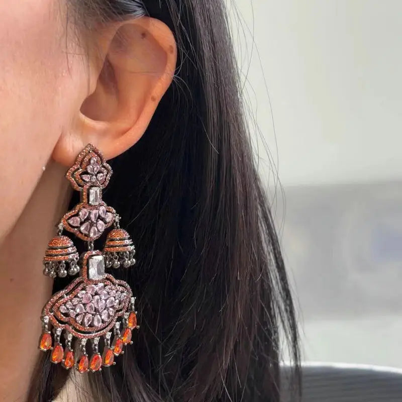 Bilincolor Cubic Zirconia Big Orange Tassel Earring for Women Wedding