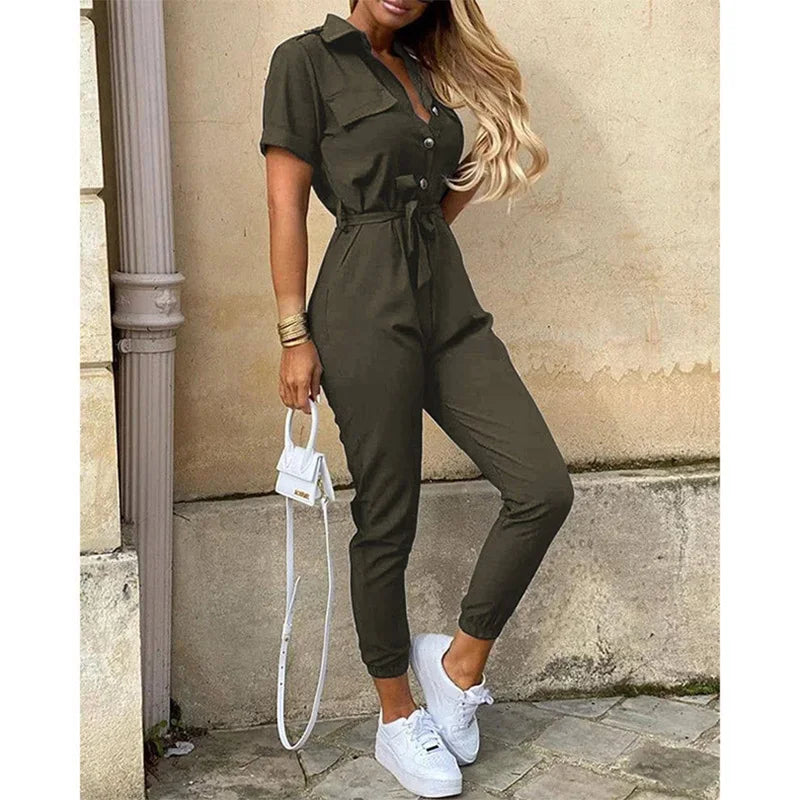 Women's Monochromatic Belt Workwear Jumpsuit