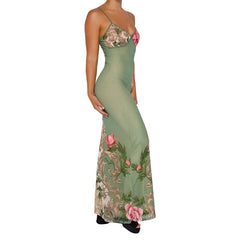 Sleeveless Floral Print Suspender Dress Women Fashion V-neck Slim Maxi Dresses