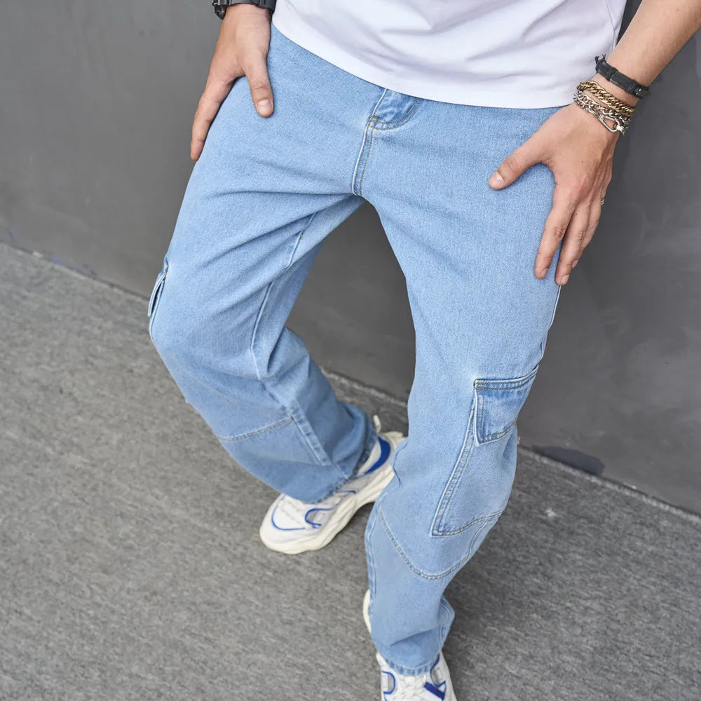 Stylish Street Men Multiple pockets Cargo Jeans Male Loose Carpenter Casual Straight Denim Pants  For Men's