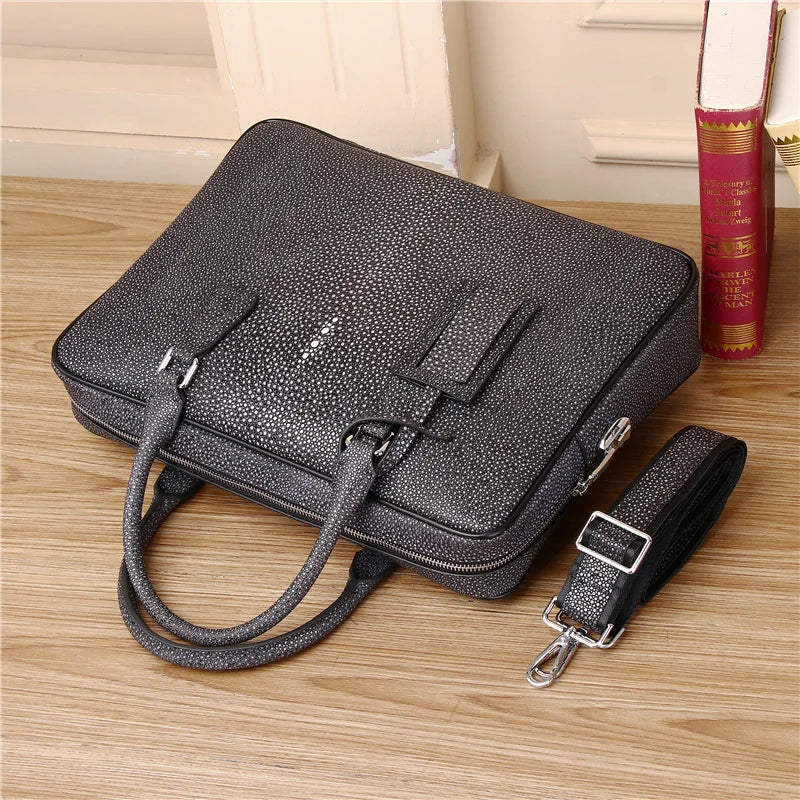 Genuine leather handheld business briefcase, pearl fish computer bag