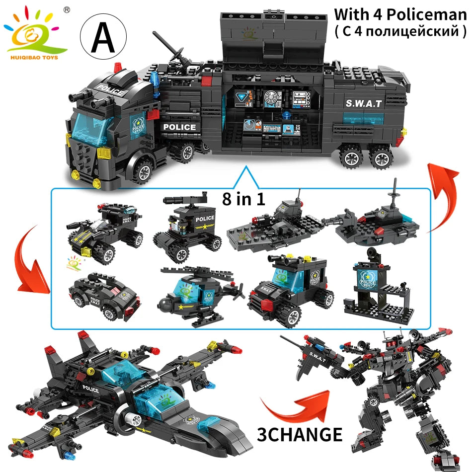 HUIQIBAO SWAT Police Station Truck Model Building Blocks City Machine Helicopter Car Figures Bricks