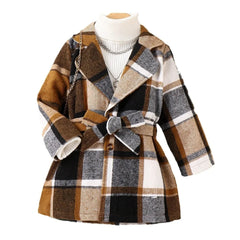 Autumn Winter New Girls Plaid Cardigan Single-breasted Long-sleeved Slim Coat With Belt Casual Kids Clothes