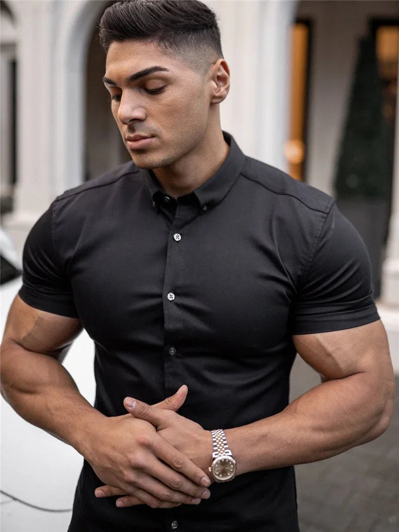 Summer Fashion Short Sleeve Shirt Men Super Slim Fit Male Casual Social Business Dress Shirt Brand Men Fitness Sports Clothing