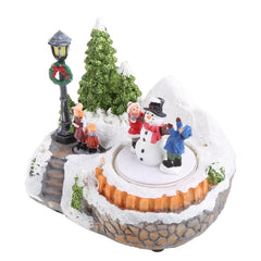 Christmas LED Light Musical Village Resin Ornament Revolving Snowman Tree Decor