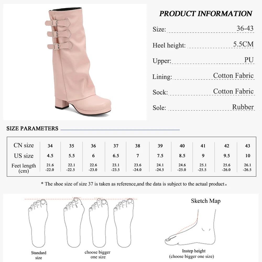 Fashion New Knee High Fold Over Boots Chunky heel Round Toe With Buckle Straps Side Zipper for Fall Winter