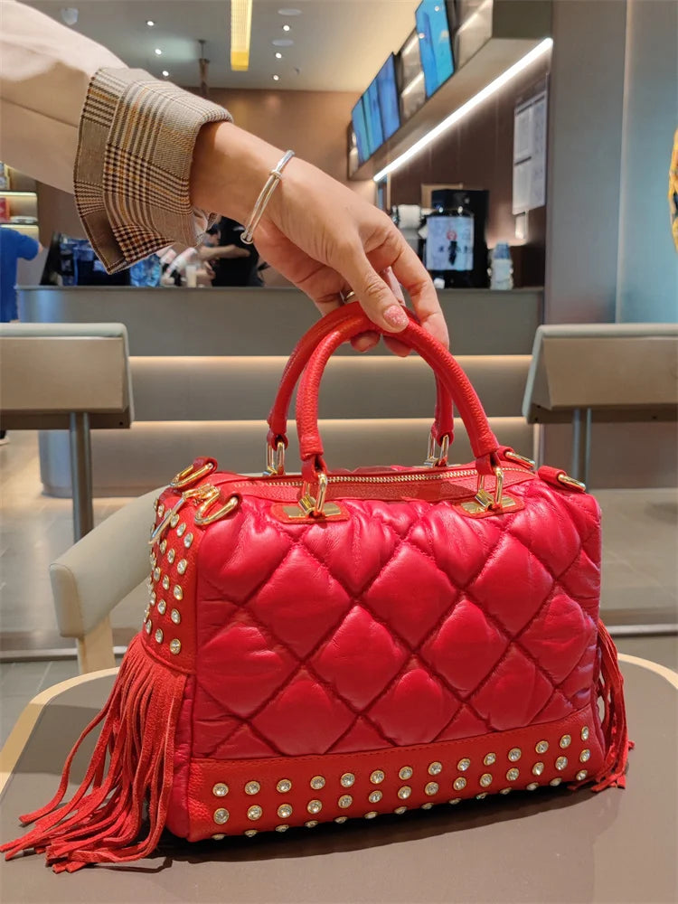 Soft Red Leather Women's Handbags Female Luxury Fashion Tassels Diamonds Rivet Bag