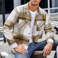 Autumn Winter Plaid Print Shirt Coat Men Lapel Long Sleeve Pocket Shirt Jacket