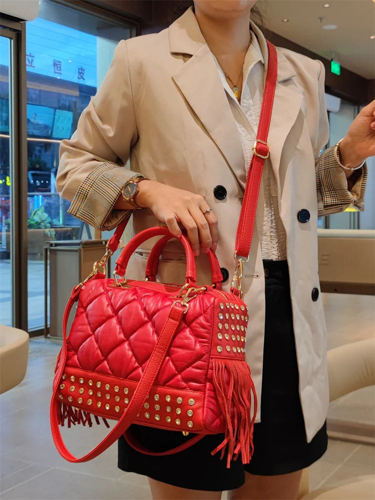 Soft Red Leather Women's Handbags Female Luxury Fashion Tassels Diamonds Rivet Bag