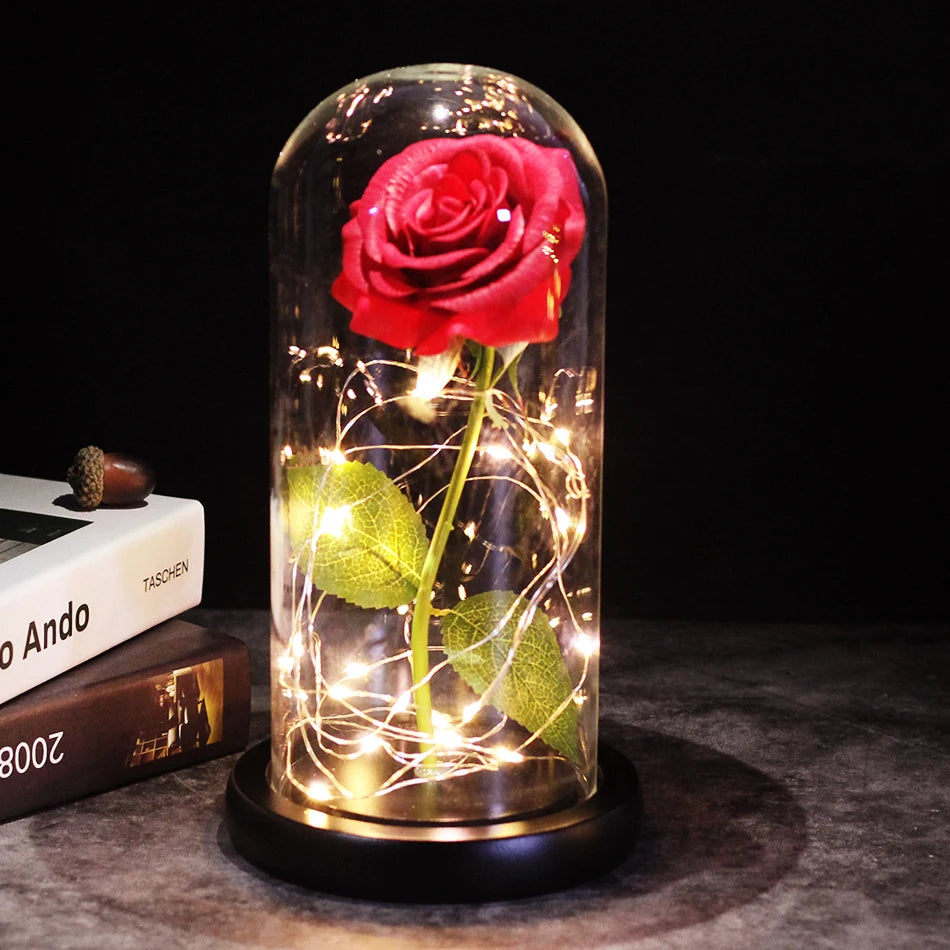 Beauty and Beast Rose Flower with Teddy Rose Bear In Glass Dome Home Wedding Decoration Christmas gift