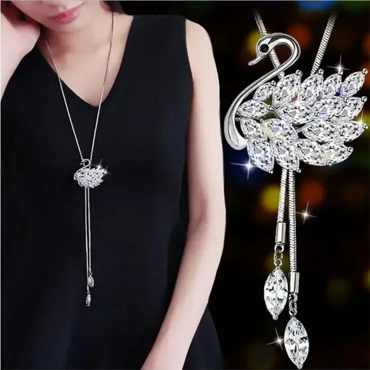 Snowflake Zircon Long Chain for Women Fashion Silver Color Crystal Maxi Necklaces & Pendants