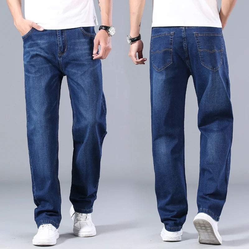 SHAN BAO cotton stretch men's straight loose loose summer thin jeans  spring classic brand casual lightweight jeans blue