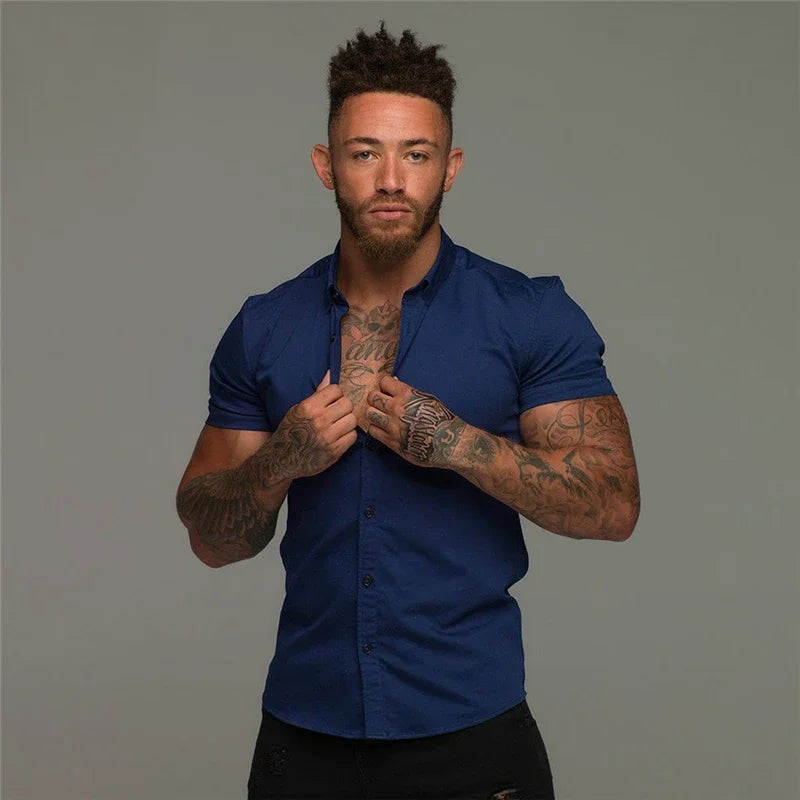 Men's Fashion Dress Shirt Summer Classic Slim Fit Button Short Sleeve Shirts