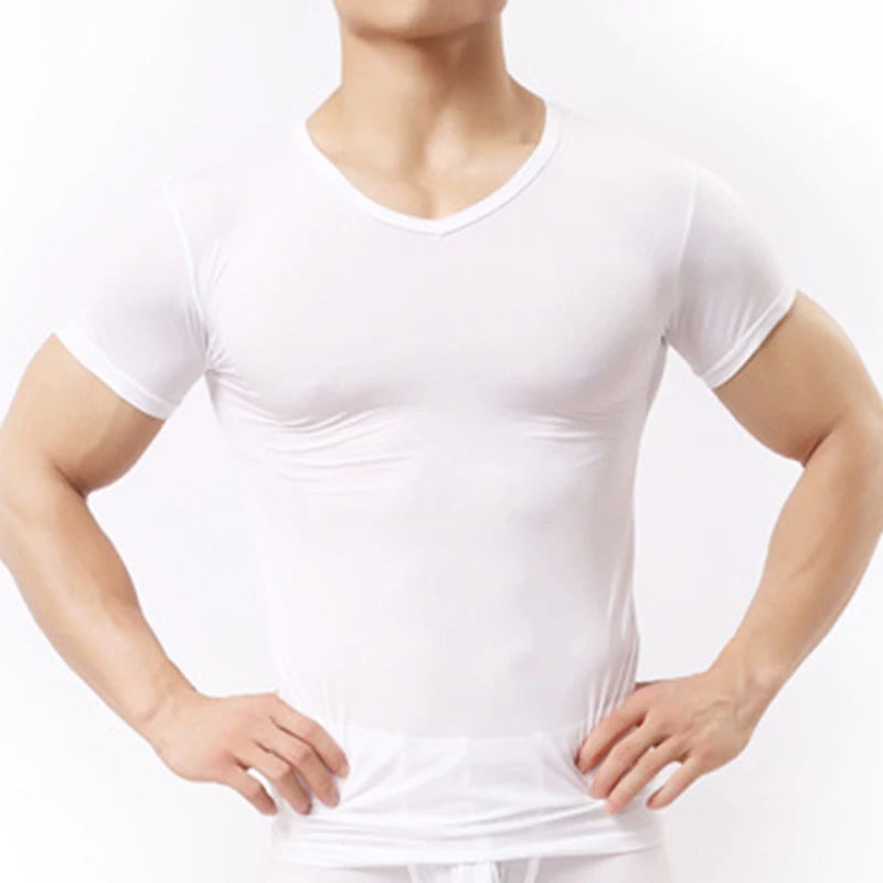 Men's Sheer Undershirts Man Ice Silk Mesh See through Basics Shirts