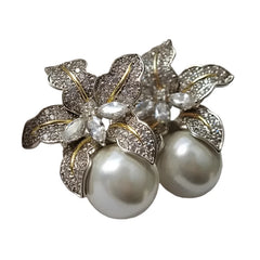 Grey Color Pearl Elegant Big Flower Zircon Stud Earrings For Women