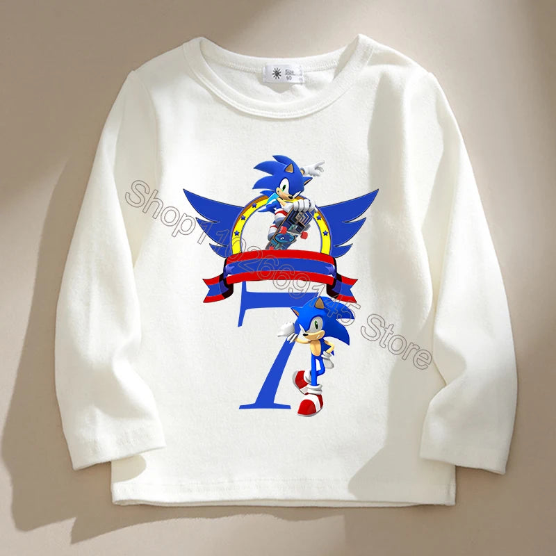 New Sonics Kids T-shirts Cartoon Birthday Number Printed Tops Boys Casual Long Sleeves T-shirt Winter Autumn Children Clothing