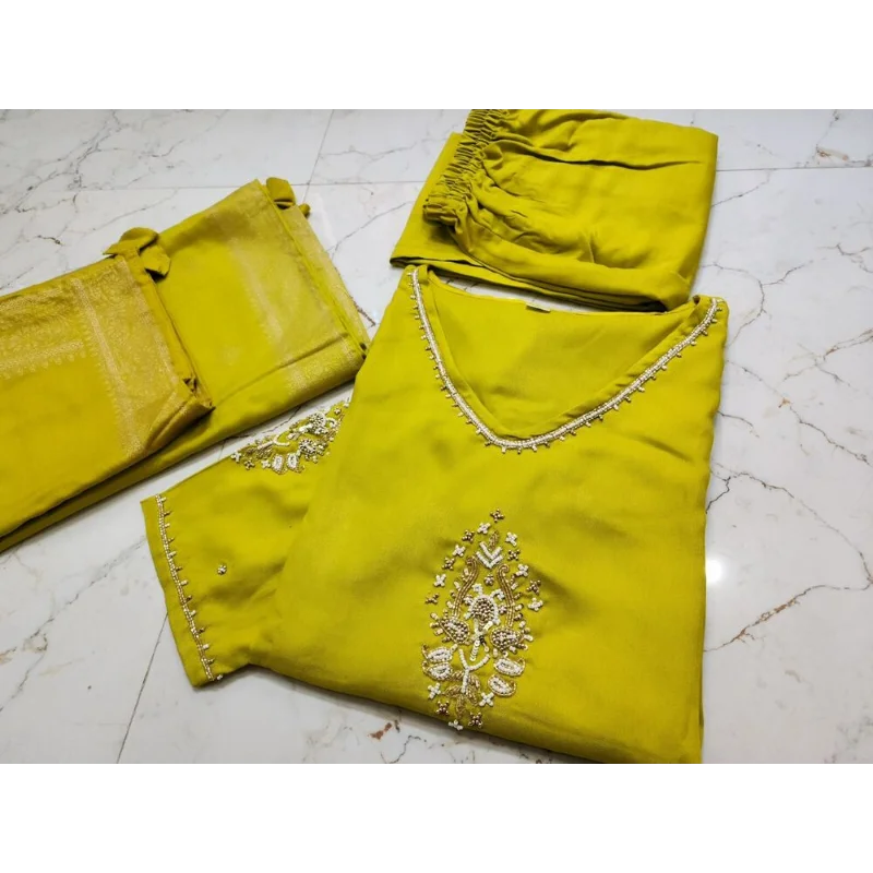 Yellow Indian Women Wedding Haldi Partywear Salwar Suit Straight Kurti Dress Set