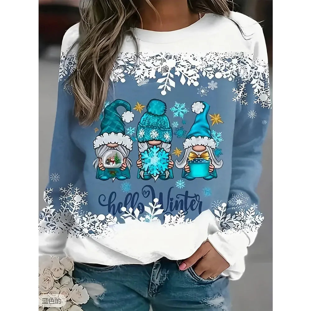 Christmas Women's Long Sleeve Tops Fashionable 3d Snowman Printed Loose Pullovers