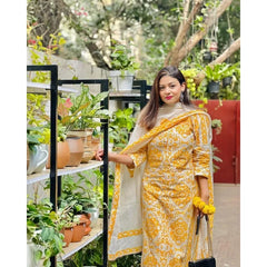 Yellow Color Printed Kurta Palazzo with Dupatta Set Women Salwar Kameez Suit Set