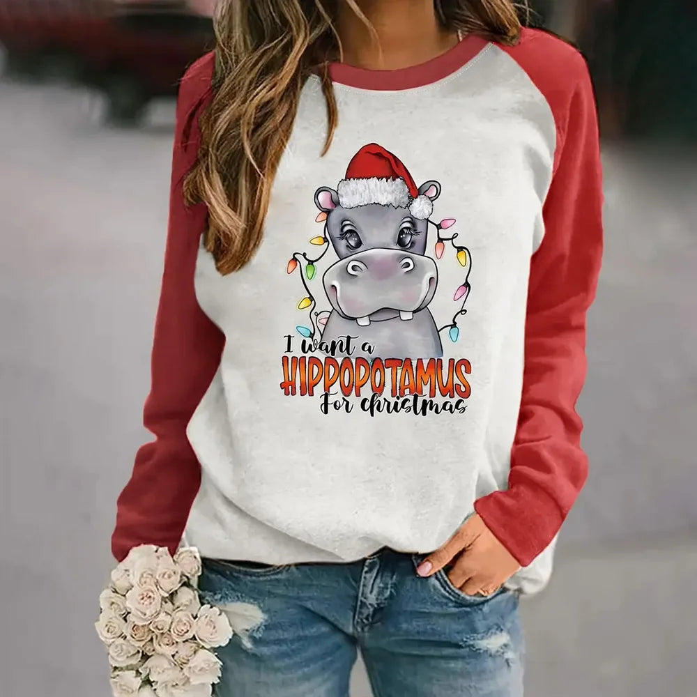 Christmas Women's Long Sleeve Tops Fashionable 3d Snowman Printed Loose Pullovers