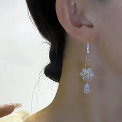 Elegant White Zircon Flower Drop Shape Pendant Gold Color Earrings for Women