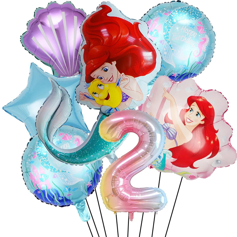 Little Mermaid Foil Balloons Set Digit 1-9 Years Old Baby Shower Mermaid Princess Themed Girls Borthday Party Decorations