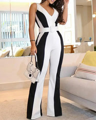 Spring and Summer New Women's Fashion Casual Slim Striped V-neck Black and White Contrast Jumpsuit--without Belt