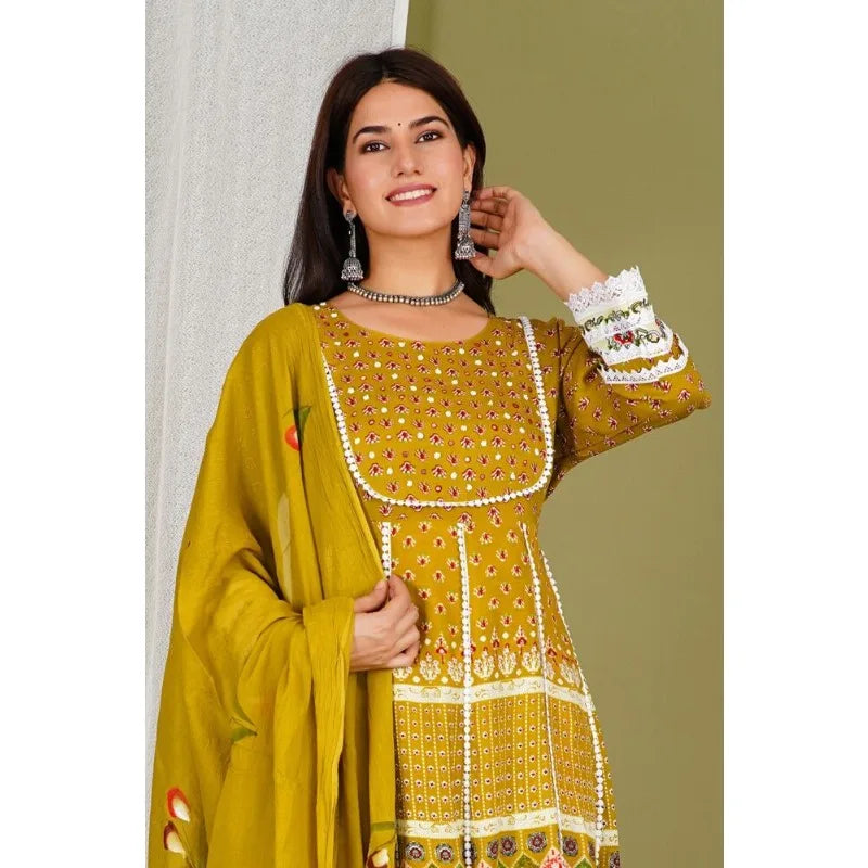 Yellow Color Printed Kurti Pant with Dupatta Set Women Salwar Kameez Suit Kurta