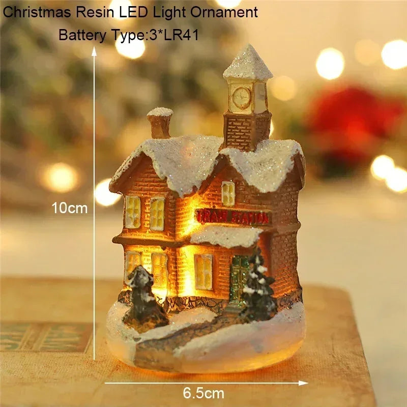 Christmas Snowman Glowing Ornament Christmas LED Houses Claus Pine Needles Snow Resin Santa View Gift Toy Desk Living Room Decor