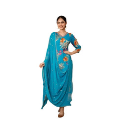 Blue Printed Work Kurta Palazzo Dupatta Indian Wedding Special Cotton Kurta Pant