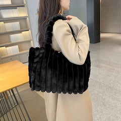 Large Fluffy Tote Women's Bag Winter Black Furry Luxury Designer Handbag