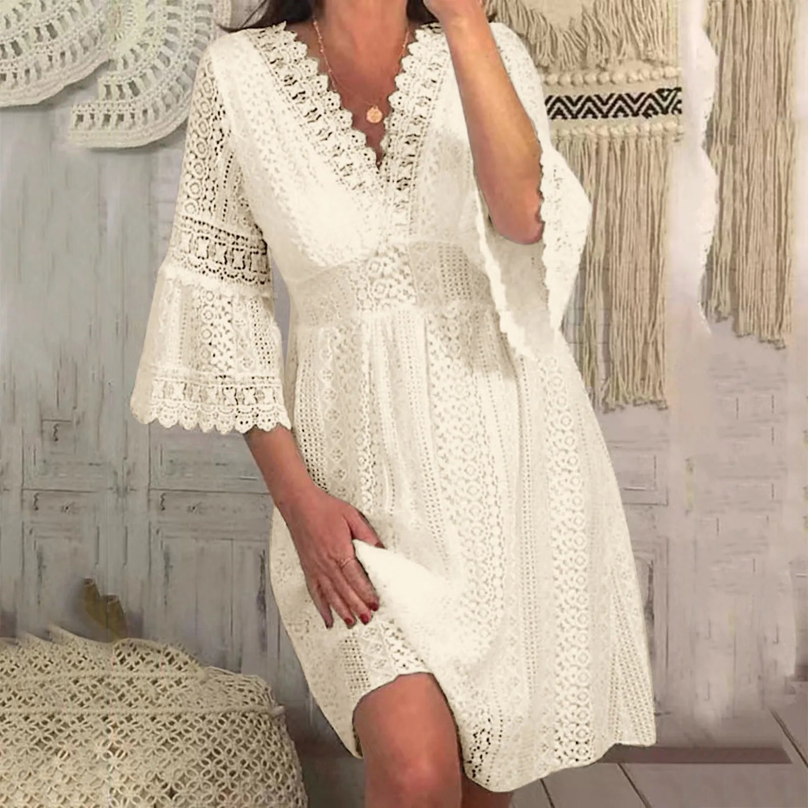 Summer White Lace Dress For Woman 2023 Trendy Casual Beachwear Cover-ups Outfits