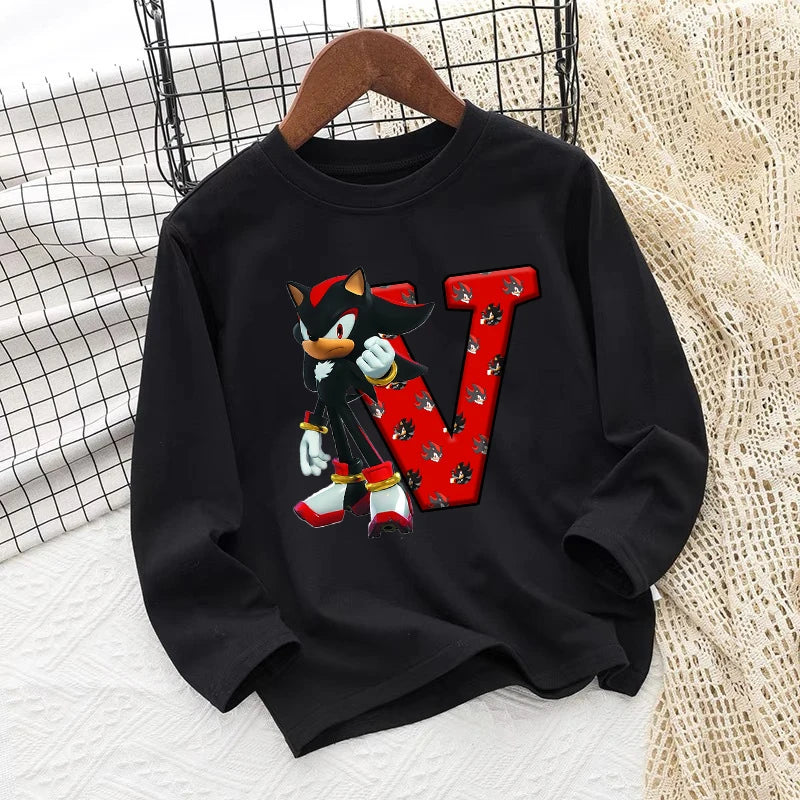 Sonics Kids Long Sleeves T-shirts Anime Print Letter Tee Spring Fall Thin Tops Cotton Children Crewneck Clothes Bottoming Shirt