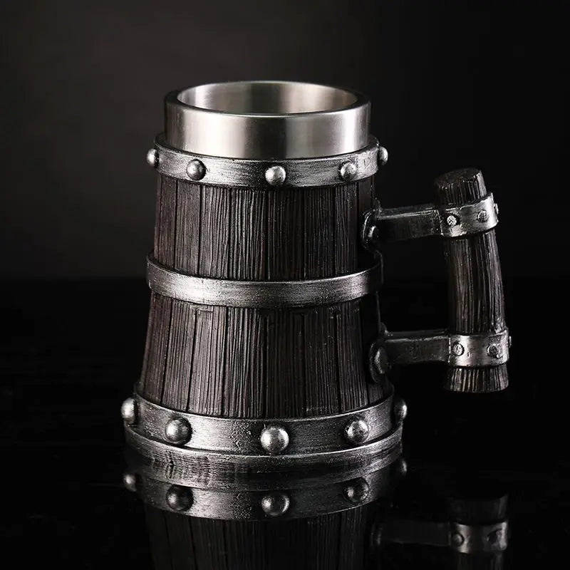 Wood Grain Beer Glass Resin Stainless Steel Mug Imitation Barrel Beer Steins Tankard Coffee Cup