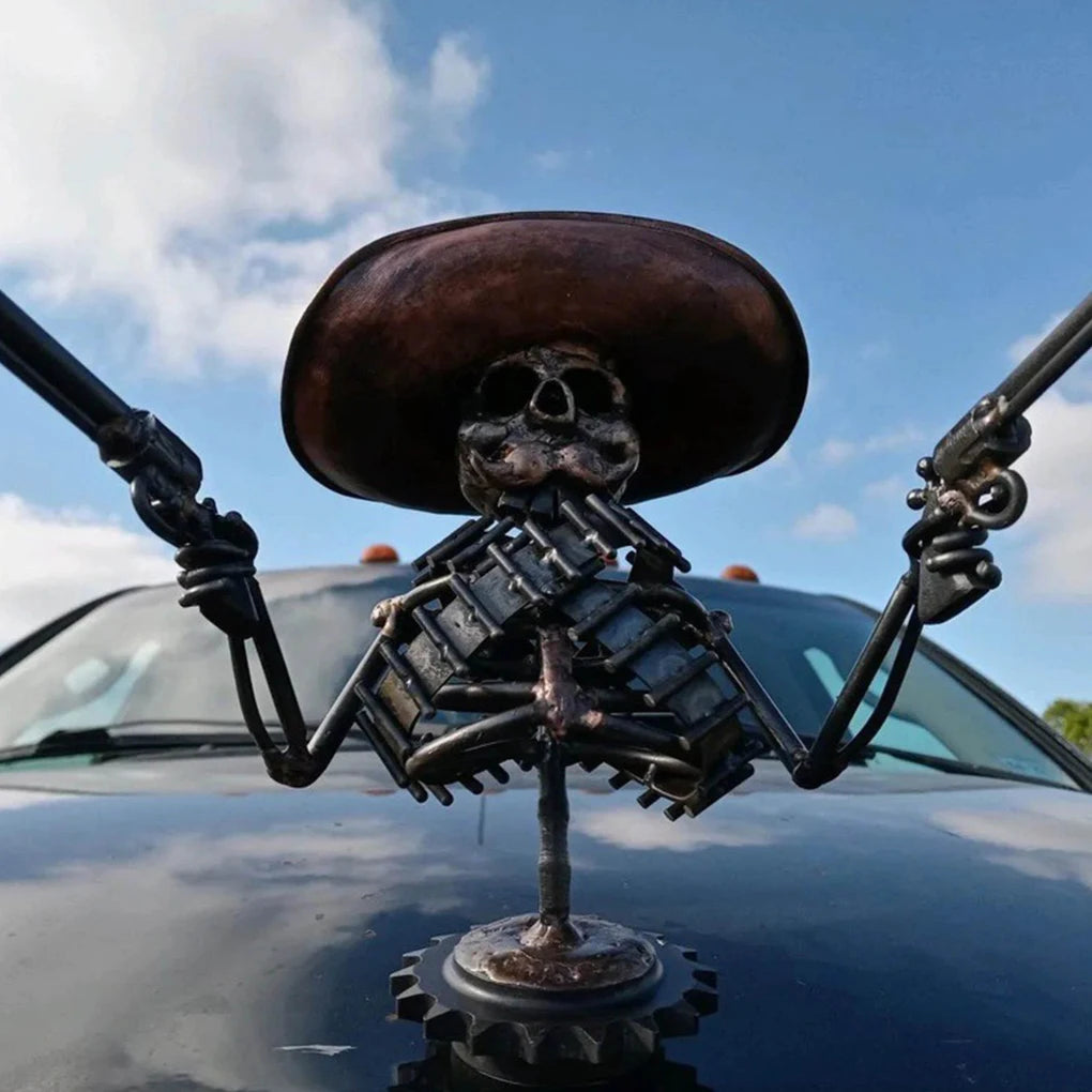 Cowboy Skull Gunner Hood Ornament Resin Sculpture Ornament Halloween Horror Atmosphere Props Holiday Gift Car Hood Decoration