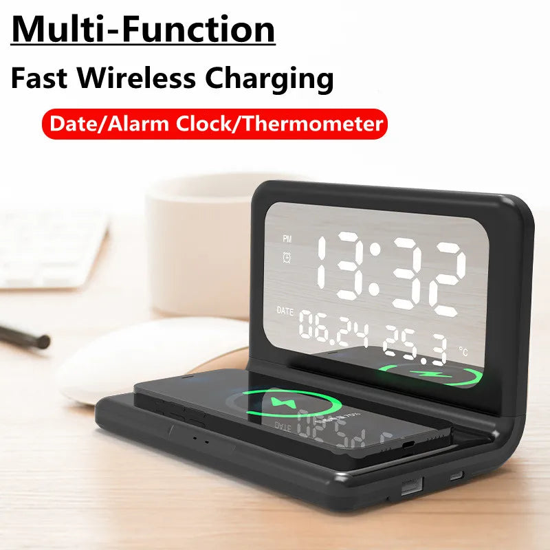 Wireless Charger Pad Stand with Alarm Clock Thermometer for iPhone 14 13 12 11 X Xiaomi Samsung 15W Phone Fast Charging Station