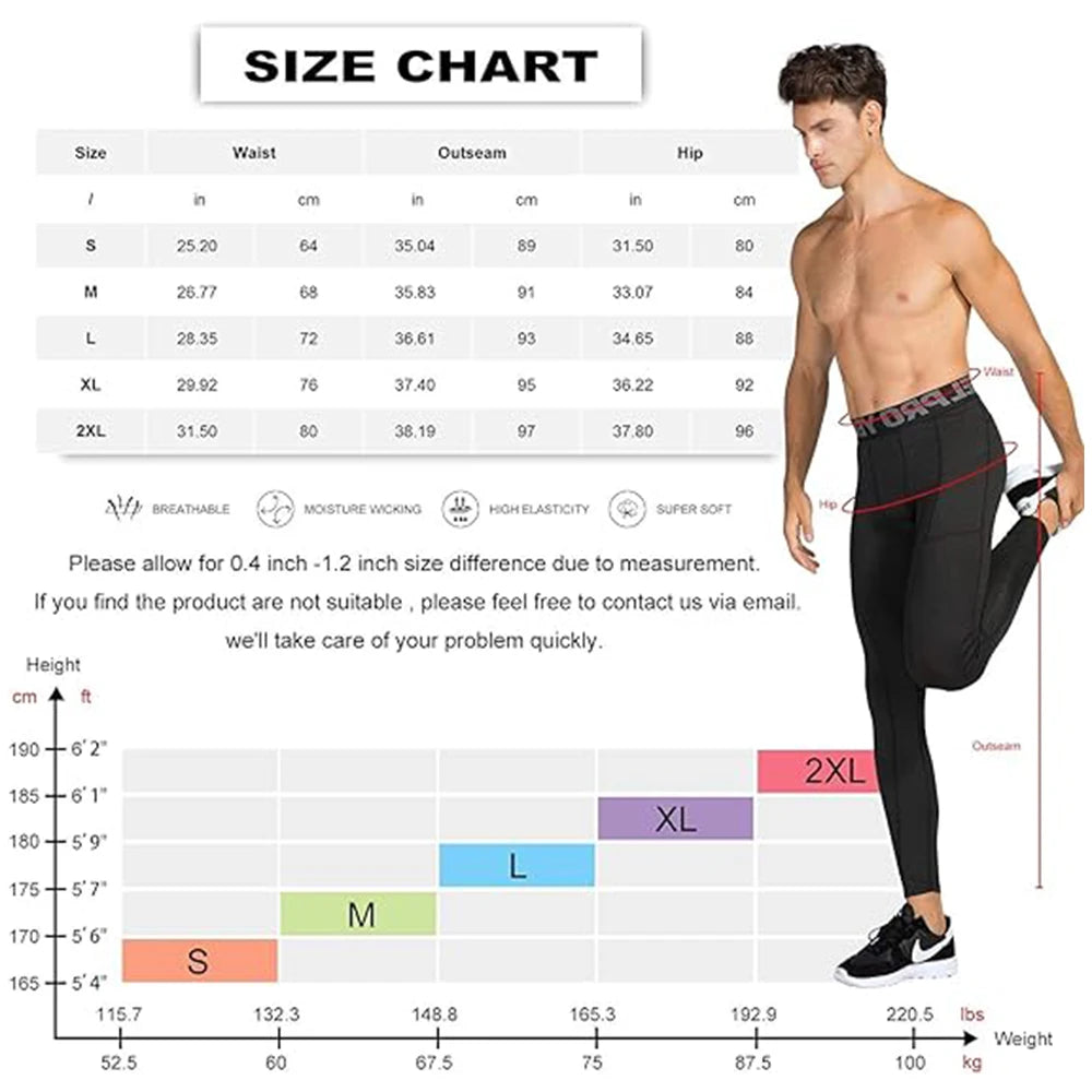 Men's Compression Pants Long Johns for Men Leggings with Pockets Gym Workout Base Layer Running Basketball Athletic Tights