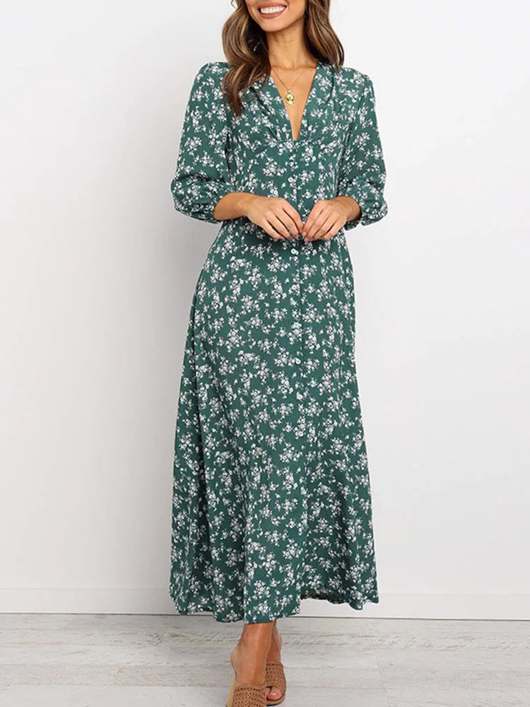 Women Chiffon Long Dress Floral Print Lantern Sleeve A-line Maxi Vestidos Autumn Dresses