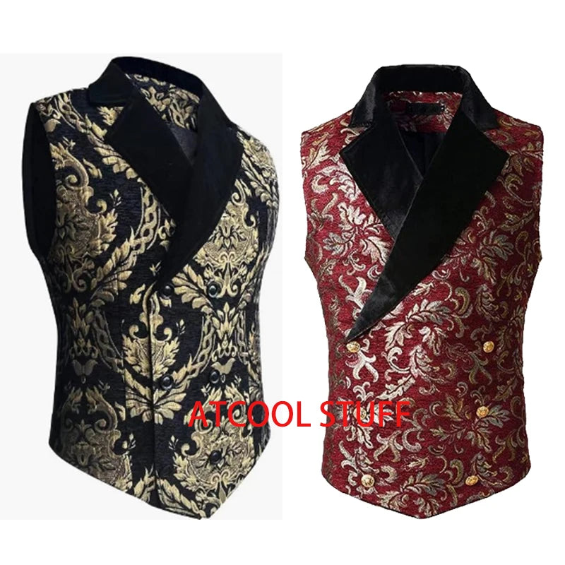 Men's vintage Jacquard Waistcoat Slim Fit Single Breast Vest Medieval Renaissance Short Sleeveless Jacket