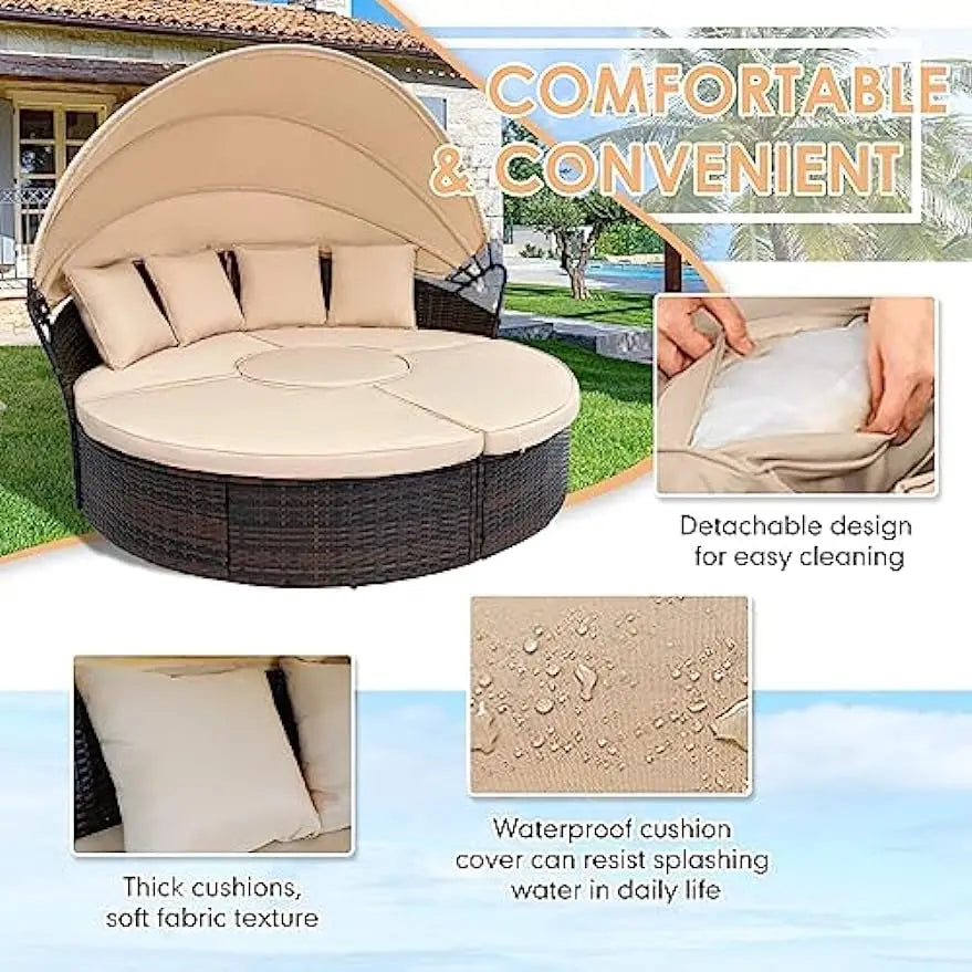 New Outdoor Patio Round Daybed with Retractable Canopy, Brown Wicker Furniture