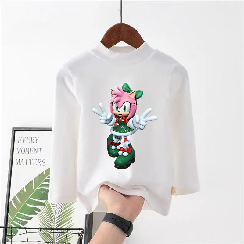 Sonics Print Long Sleevese Pure Color Women T-shirt Top Cotton Casual Cute Cartoon Anime Sweat Absorbent Breathable Shirt Kids