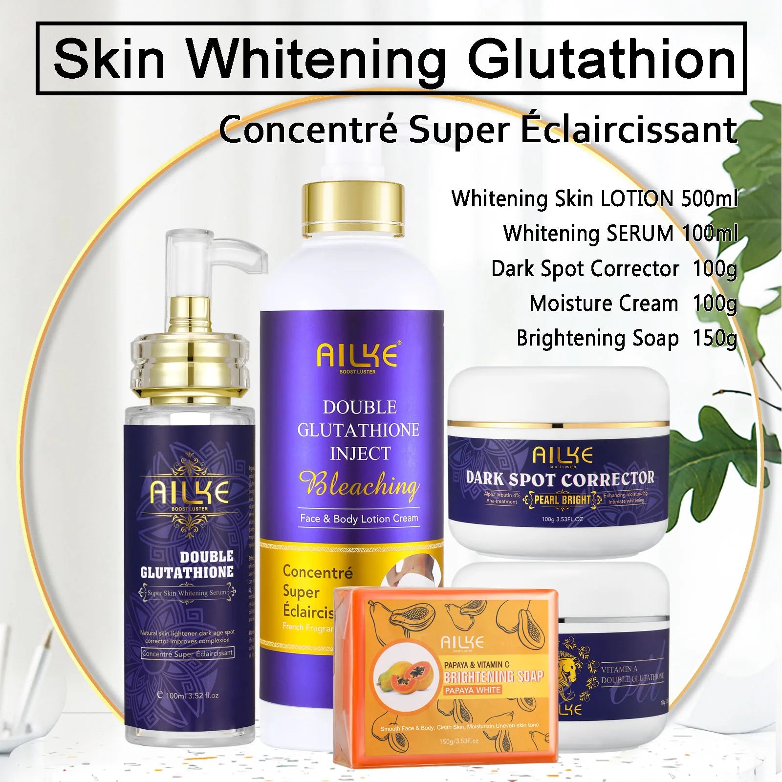 AILKE Double Glutathione Whitening Skin Care, Lightening, Remove Dark Spots, Skin Radiant, Moisturizing, Hydrating, Smooth