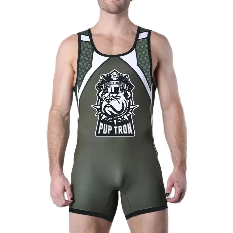 Men‘s Pup Tron Zipper Singlet RightTrack One-Piece Wrestling Powerlifting Sleeveless Gym Sport Fitness Clothing