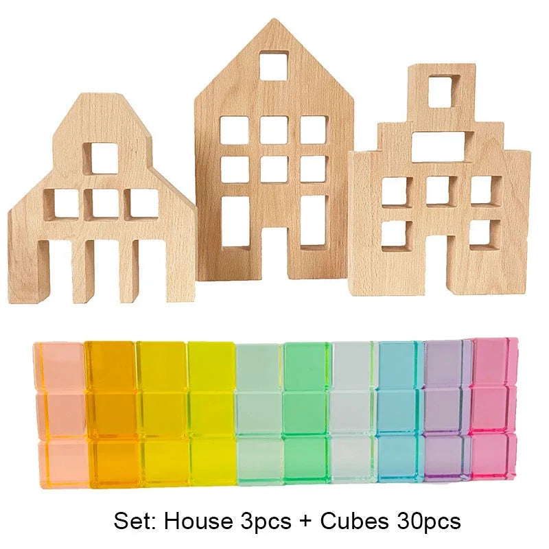 Dutch Wood Houses Lucite Cubes Blocks Rainbow Acrylic Building Blocks