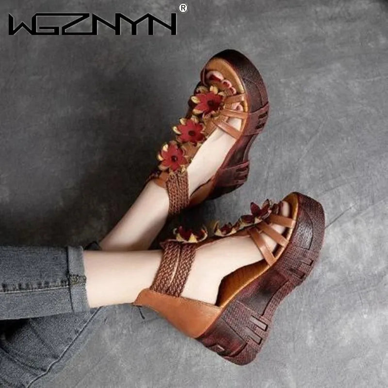 Summer Women Flowers Sandals Genuine PU Leather Open Toe Shoes Casual High Heel Wedges